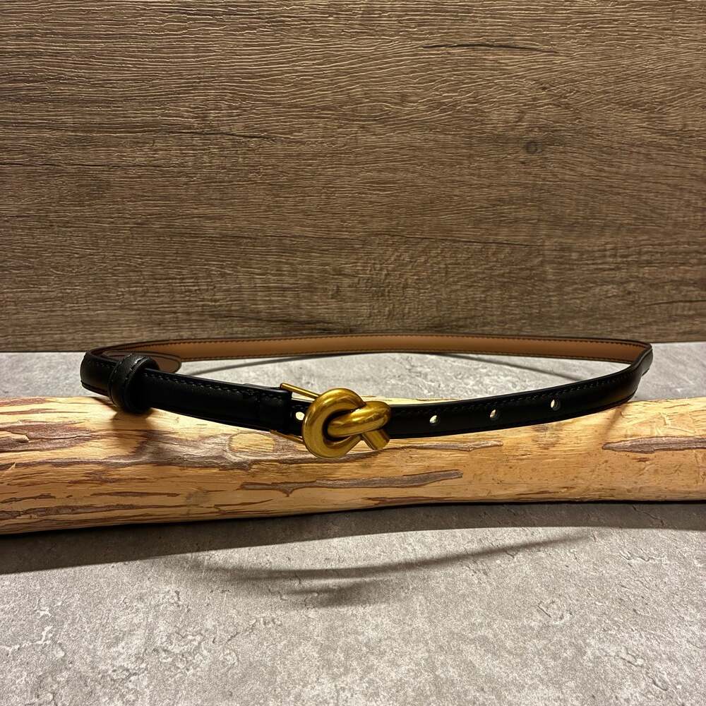 Black minimalist Slim Waist Belt with Gold tone hardware  Knot Buckle